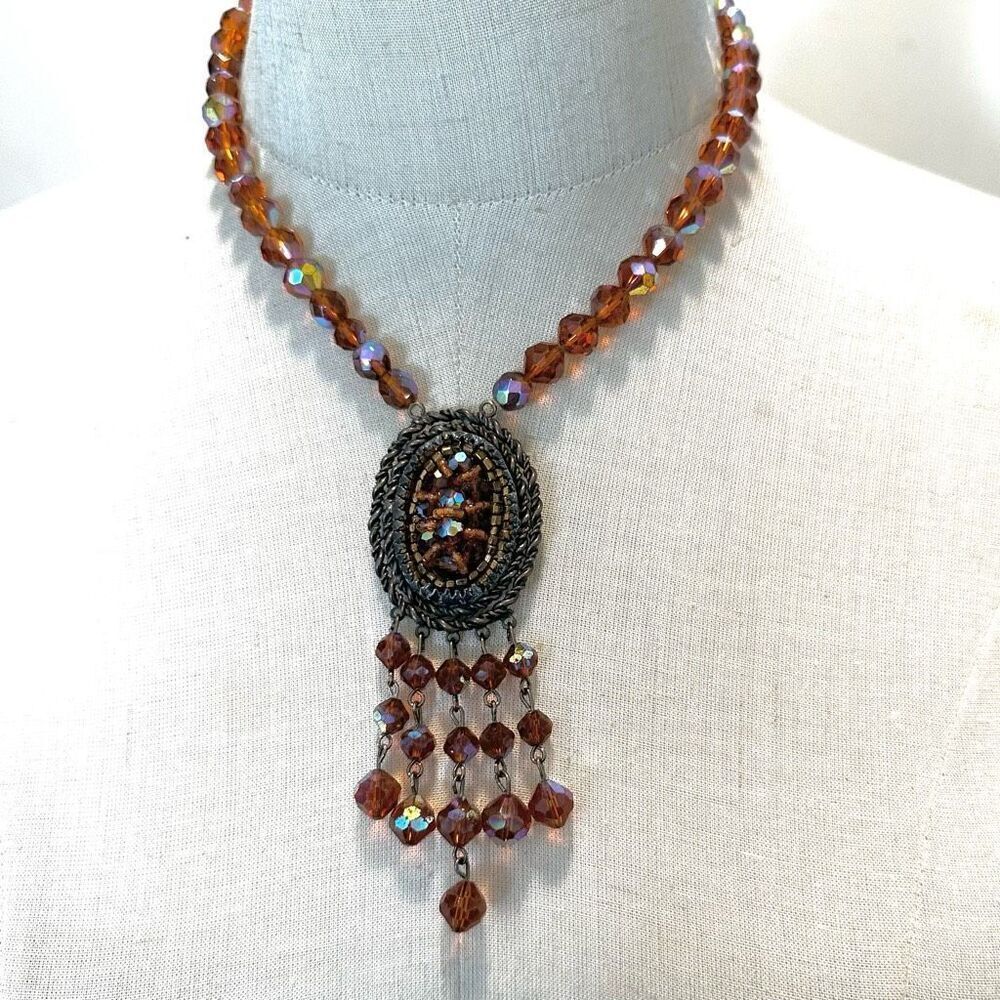 Orange crystal beaded pendant necklace